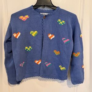 Norm Thompson vintage blue cotton cardigan sweater w colorful hearts. Medium